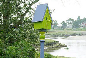 Bird house on a post by the water