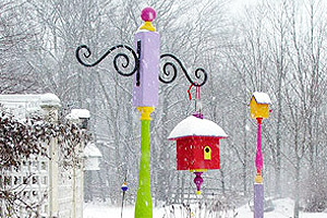 Colorful bird houses in the snow