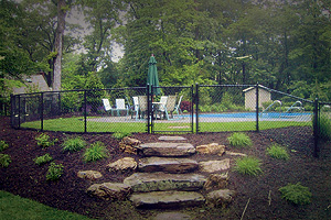 Black chain link fence around a pool