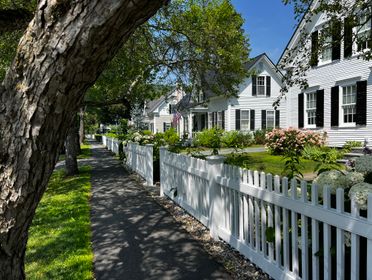 Quaint white houses with picket fences line a picturesque street under a blue sky.