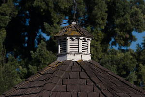 Close-up of a weathered wooden cupola atop a rustic shingle roof against a forested backdrop.