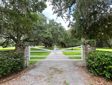 White gate leading to a scenic plantation road in Yemassee, SC.
