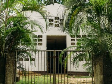 White house entrance framed by lush palm trees and a rustic metal gate, evokes a tropical vibe.
