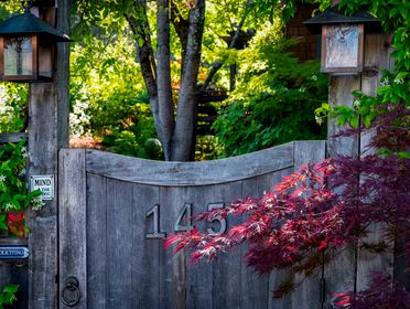 A serene scene with a wooden gate surrounded by vibrant foliage and decorative lanterns.
