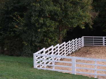 A serene outdoor paddock with white fences and lush green trees.