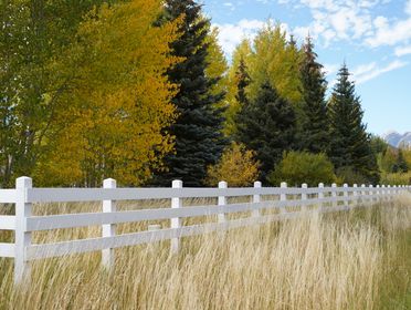 White fence through a scenic autumn landscape with colorful trees and mountain backdrop.