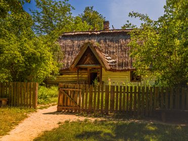 Charming rural house with a traditional thatched roof surrounded by lush greenery and a wooden fence.