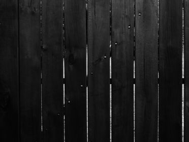Black and white photo of vertical wooden fence panels with natural textures and details.