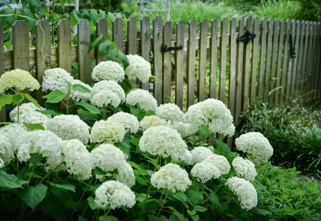 Wood fence and gate behind white hydrangeas